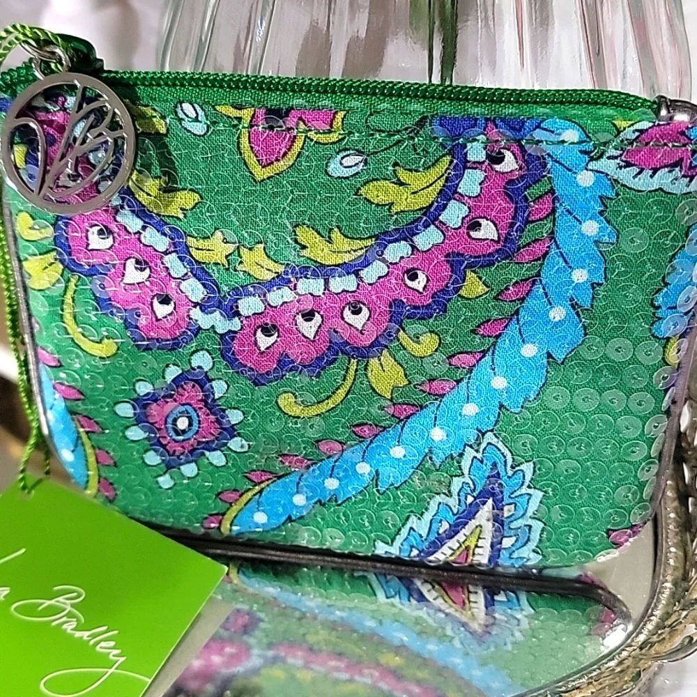 Vera Bradley Emerald Paisley Shimmer Zip Pouch Card Case - Picture 2 of 8